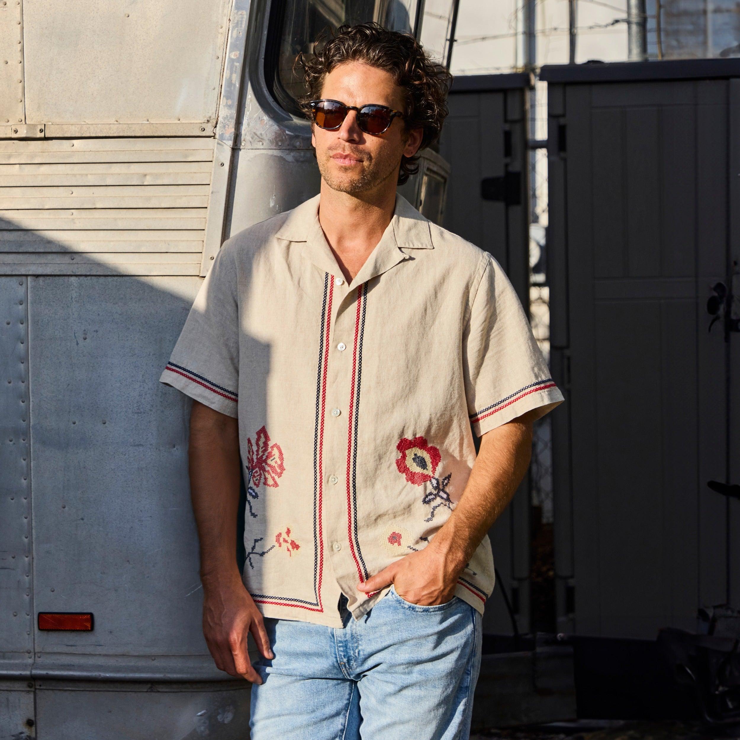 Cross Stitch Camp Shirt - Ecru Product Image