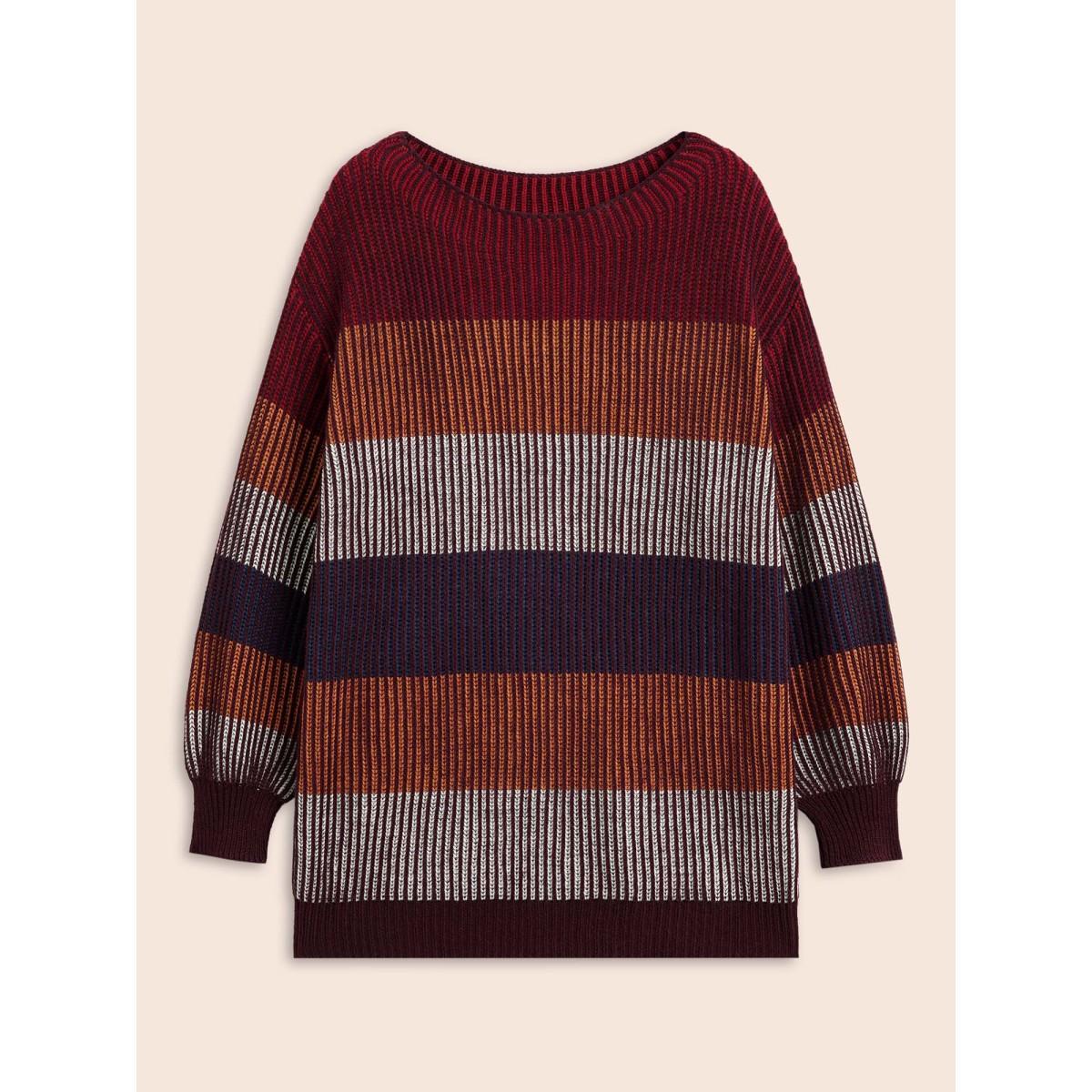 Plus Size Textured Striped Contrast Patchwork Pullover Deepred Women Casual Long Sleeve Round Neck Everyday Pullovers BloomChic 10/M Product Image