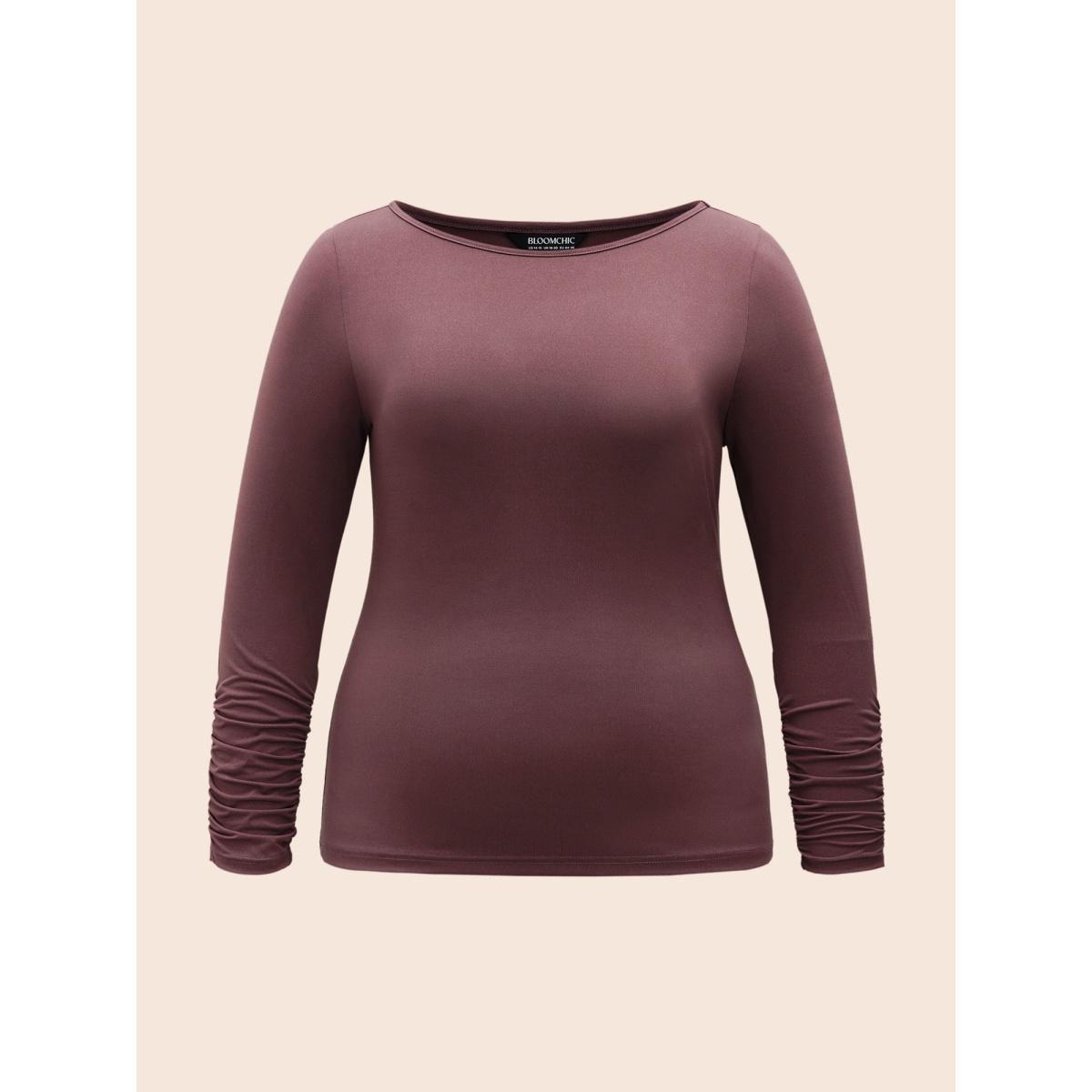 Plus Size Solid Boat Neck Gathered T-shirt DustyPink Women Elegant Gathered Boat Neck Bodycon Everyday T-shirts BloomChic 12/L Product Image