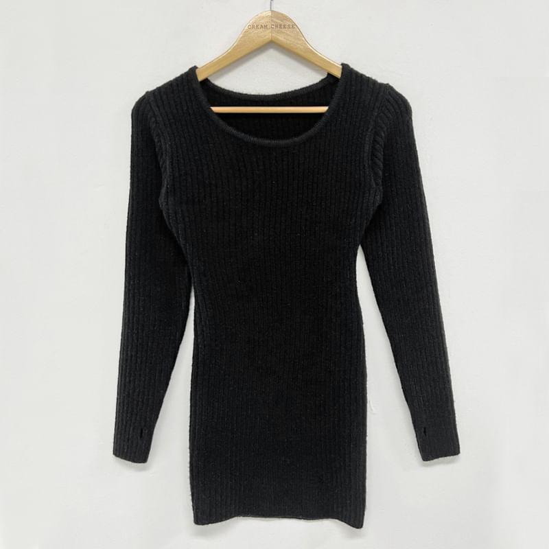 Long-Sleeve Scoop Neck Plain Ribbed Knit Mini Sheath Dress Product Image