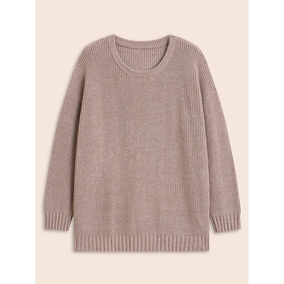 Plus Size Solid Round Neck Drop Shoulder Pullover Tan Women Casual Long Sleeve Round Neck Everyday Pullovers BloomChic 10/M Product Image