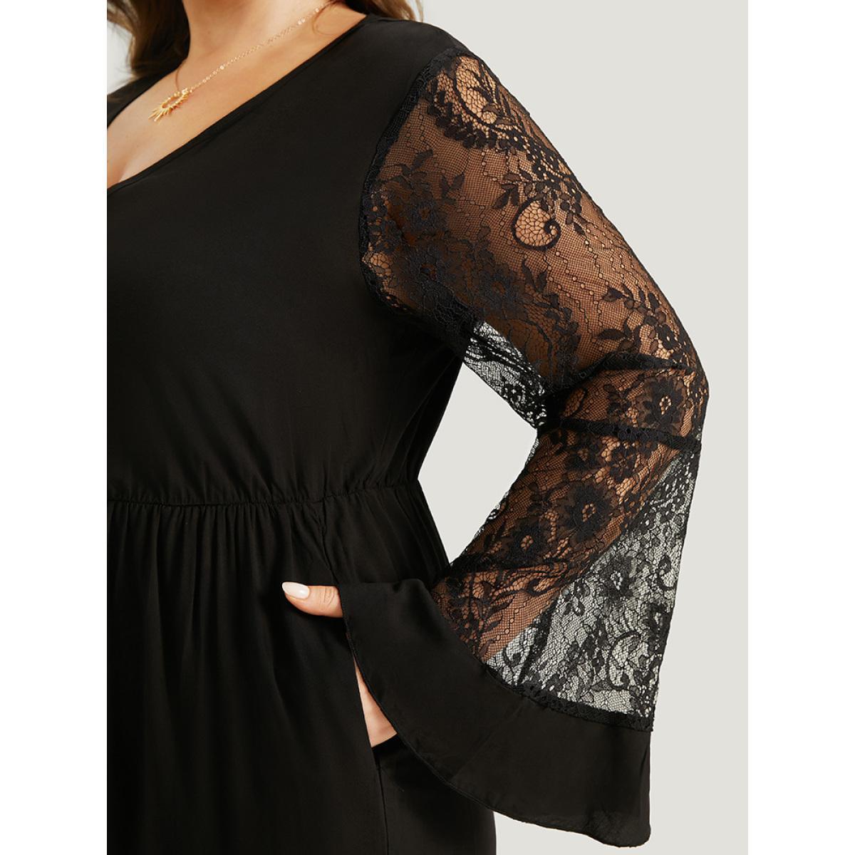 Plus Size Black Halloween Plain Mesh Eyelet Lace Pocket Jumpsuit Women Elegant Long Sleeve V-neck Festival-Halloween Loose Jumpsuits BloomChic 22-24/3X Product Image