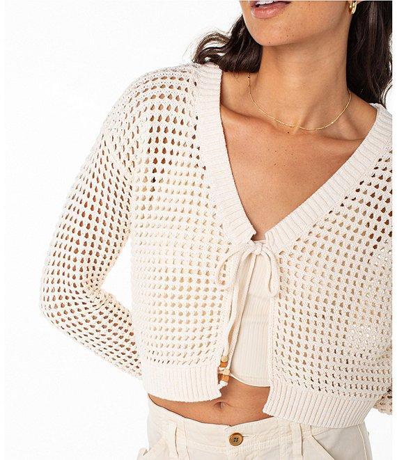 Roxy Ivy Long Sleeve Tie-Closure Flyaway-Front Crocheted Cropped Cardigan Product Image