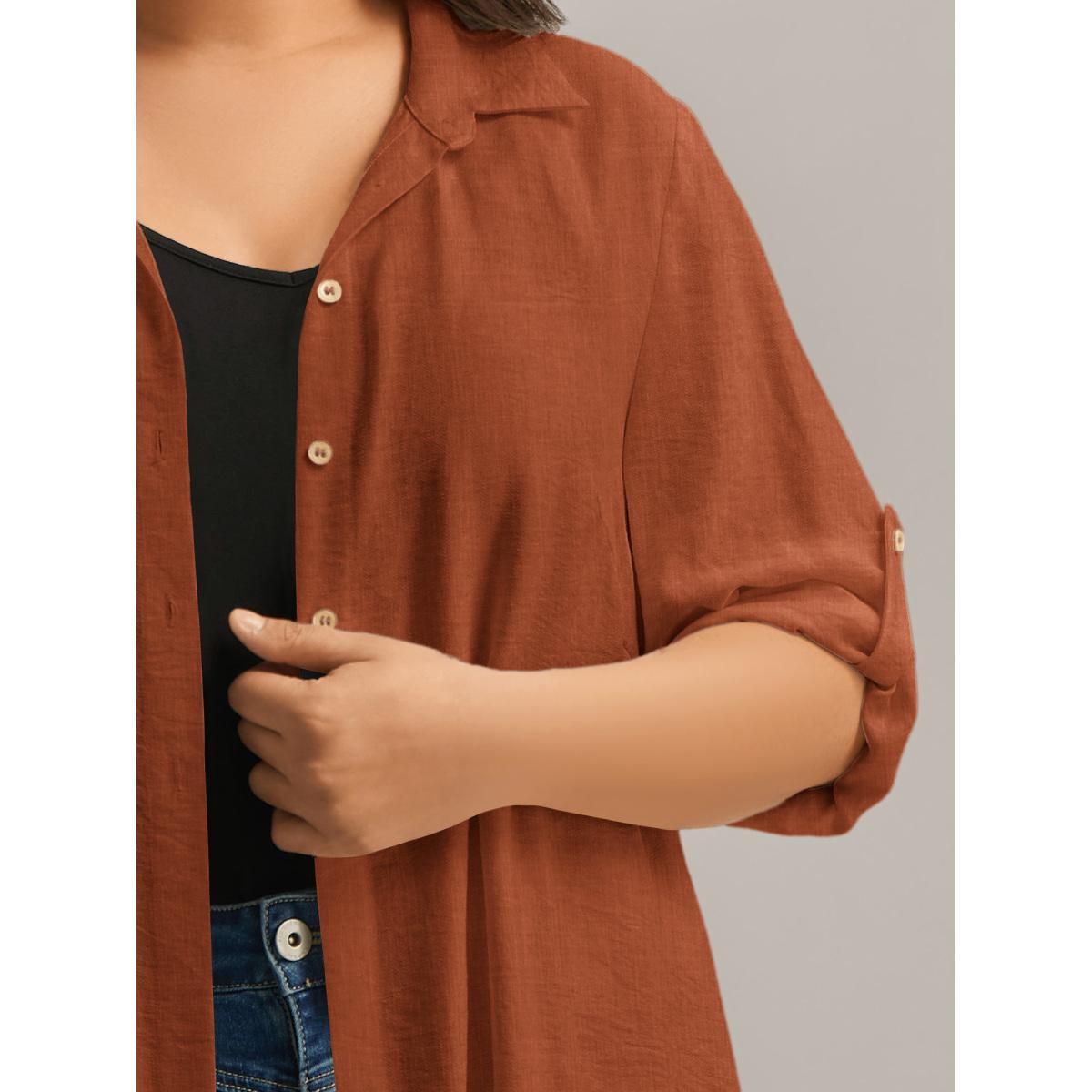 Plus Size Browncoffeecolor Front-Open Long Basic Blouse Women Long Sleeve Shirt collar Vacation Blouses BloomChic 12/L Product Image
