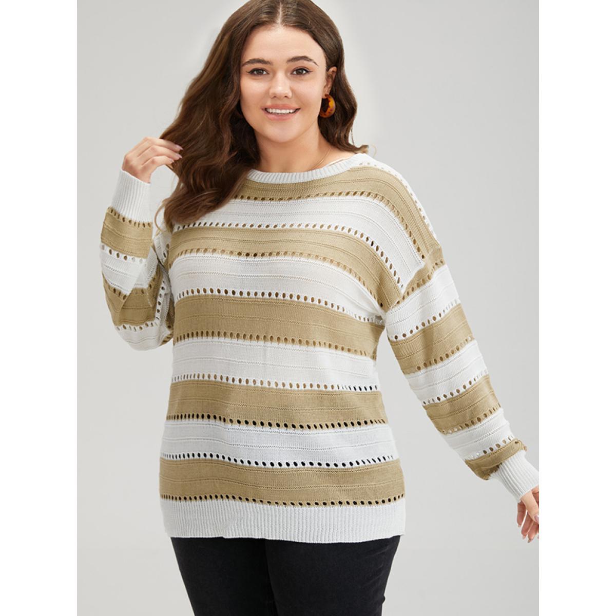 Plus Size Colorblock Contrast Drop Shoulder Elastic Cuffs Pullover Tan Women Casual Loose Long Sleeve Round Neck Everyday Pullovers BloomChic 14-16/1X Product Image