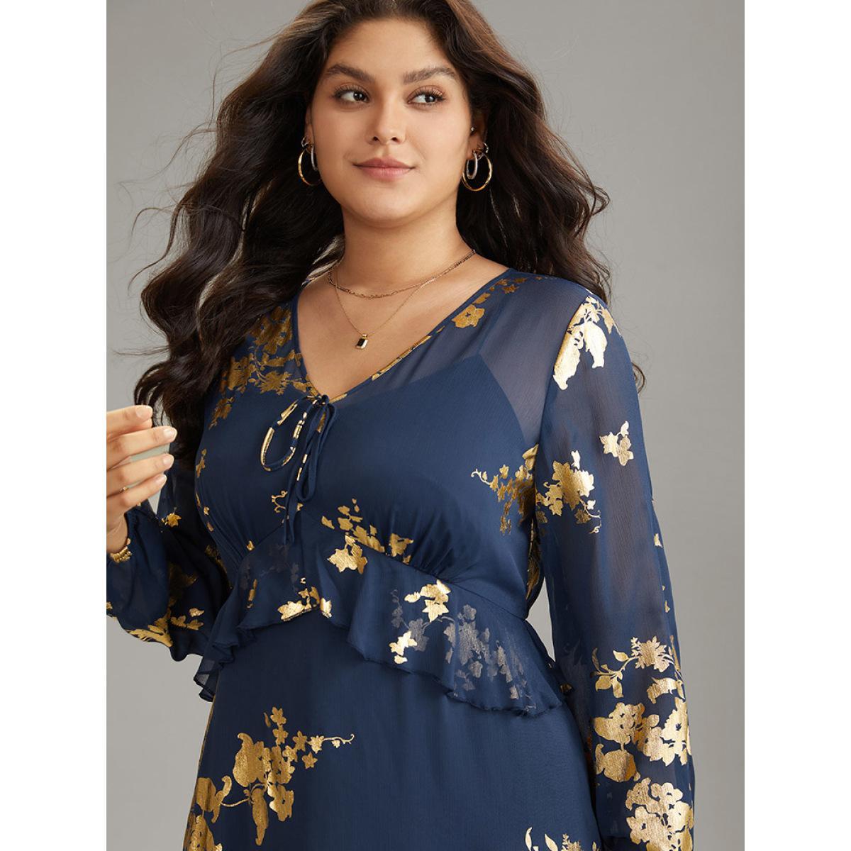 Plus Size Silhouette Floral Print Ruffles Ties Mesh Gathered Dress Navy Women Elegant Elastic cuffs Tie Neck Long Sleeve Curvy Midi Dress BloomChic 12/L Product Image
