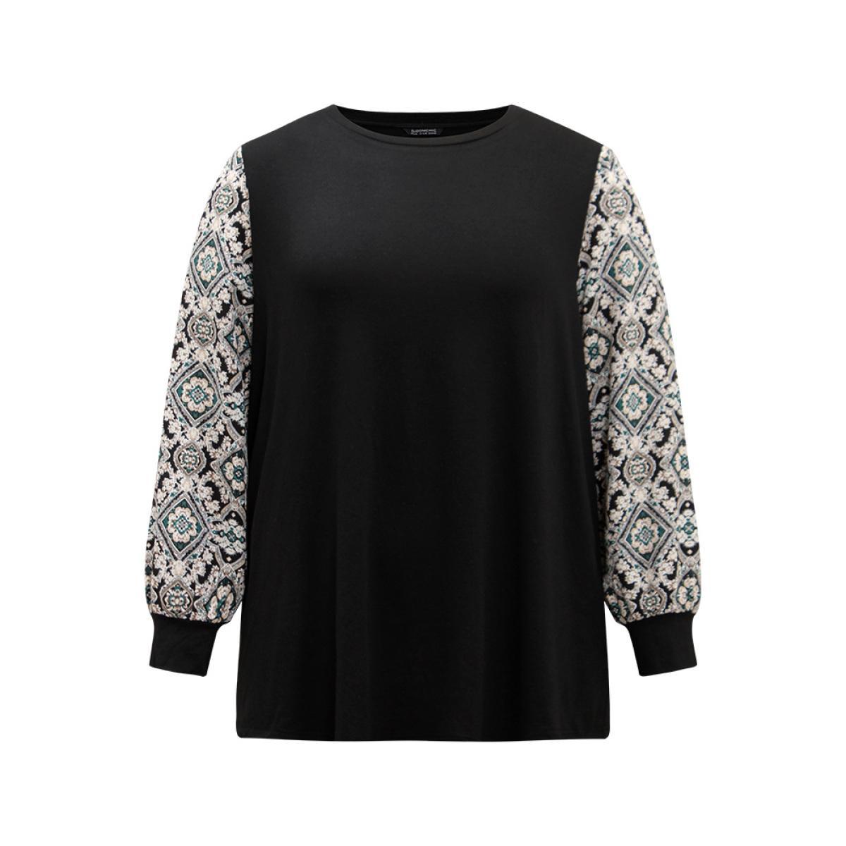 Plus Size Boho Print Patchwork Crew Neck T-shirt Black Women Elegant Printed Bohemian Print Round Neck Dailywear T-shirts BloomChic 10/M Product Image