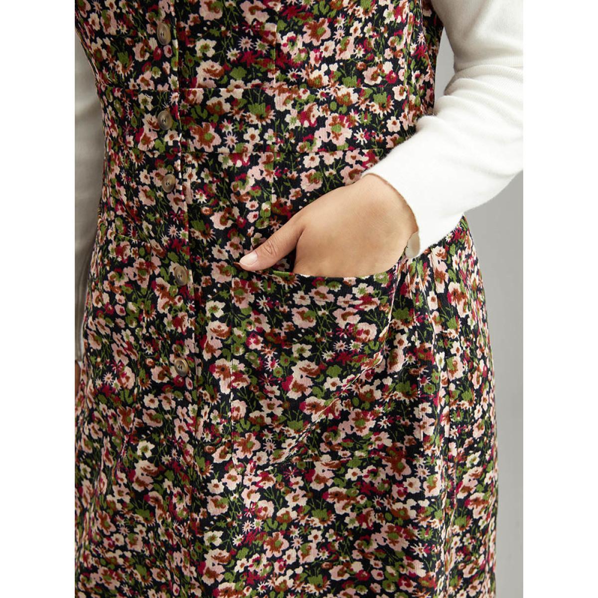 Plus Size Ditsy Floral Pocket Button Detail Tank Dress Indigo Women Elegant Printed V-neck Sleeveless Curvy Knee Dress BloomChic 12/L Product Image