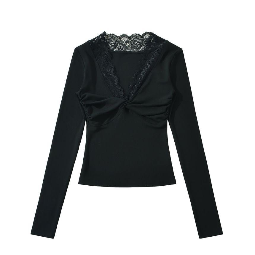 Long-Sleeve V-Neck Plain Lace Trim Knotted Tee Product Image