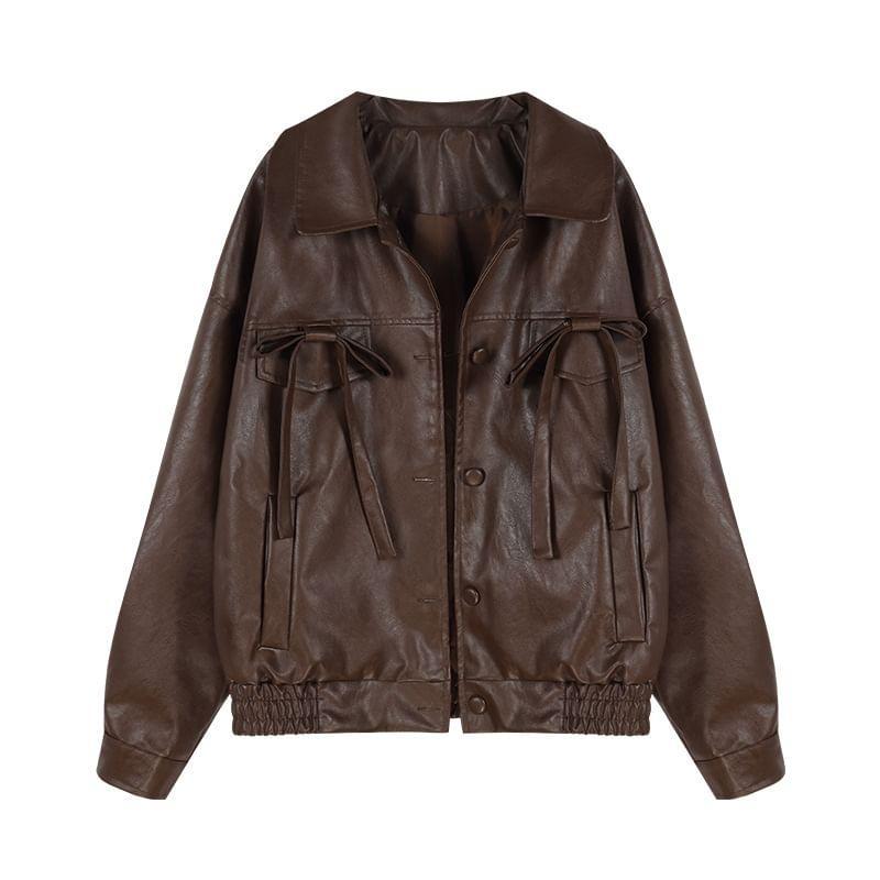 Long Sleeve Faux Leather Bow Accent Loose-Fit Jacket / Long Sleeve Plain Lace Panel Top Product Image