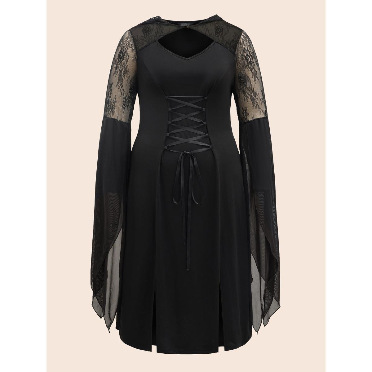 Plus Size Dark Spell Veiled Lace Midi Dress Black Women Cocktail Wraparound straps Round Neck Extra Long Sleeve Curvy BloomChic 22-24/3X Product Image