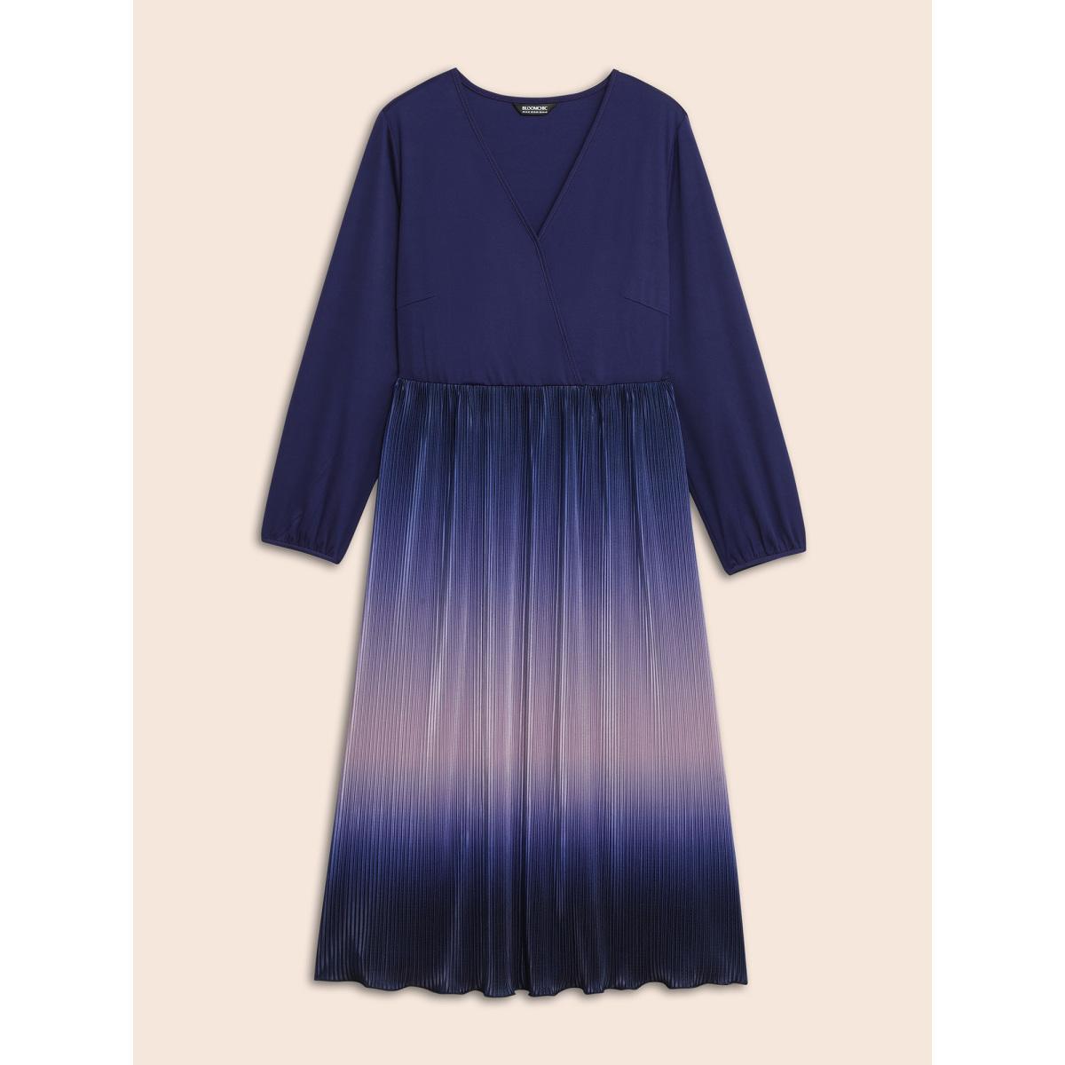 Plus Size Overlap Collar Ombre Patchwork Pleated Dress Navy Women Cocktail Texture Party Curvy Bloomchic 14-16/1X Product Image