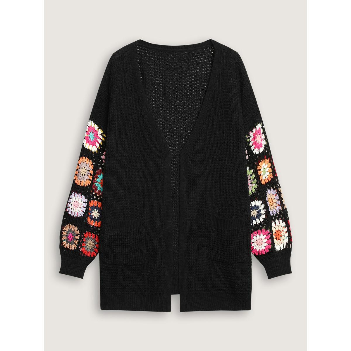 Plus Size Crochet Floral Drop Shoulder Cut Out Cardigan Black Women Resort Loose Long Sleeve Vacation Cardigans BloomChic 12/L Product Image