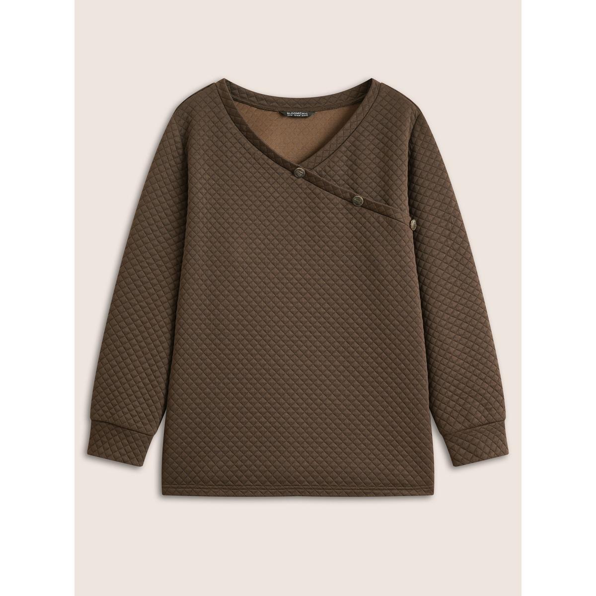 Plus Size Plain Argyle Quilted Button Detail Sweatshirt Women DarkBrown Casual Non V-neck Everyday Sweatshirts BloomChic 18-20/2X Product Image