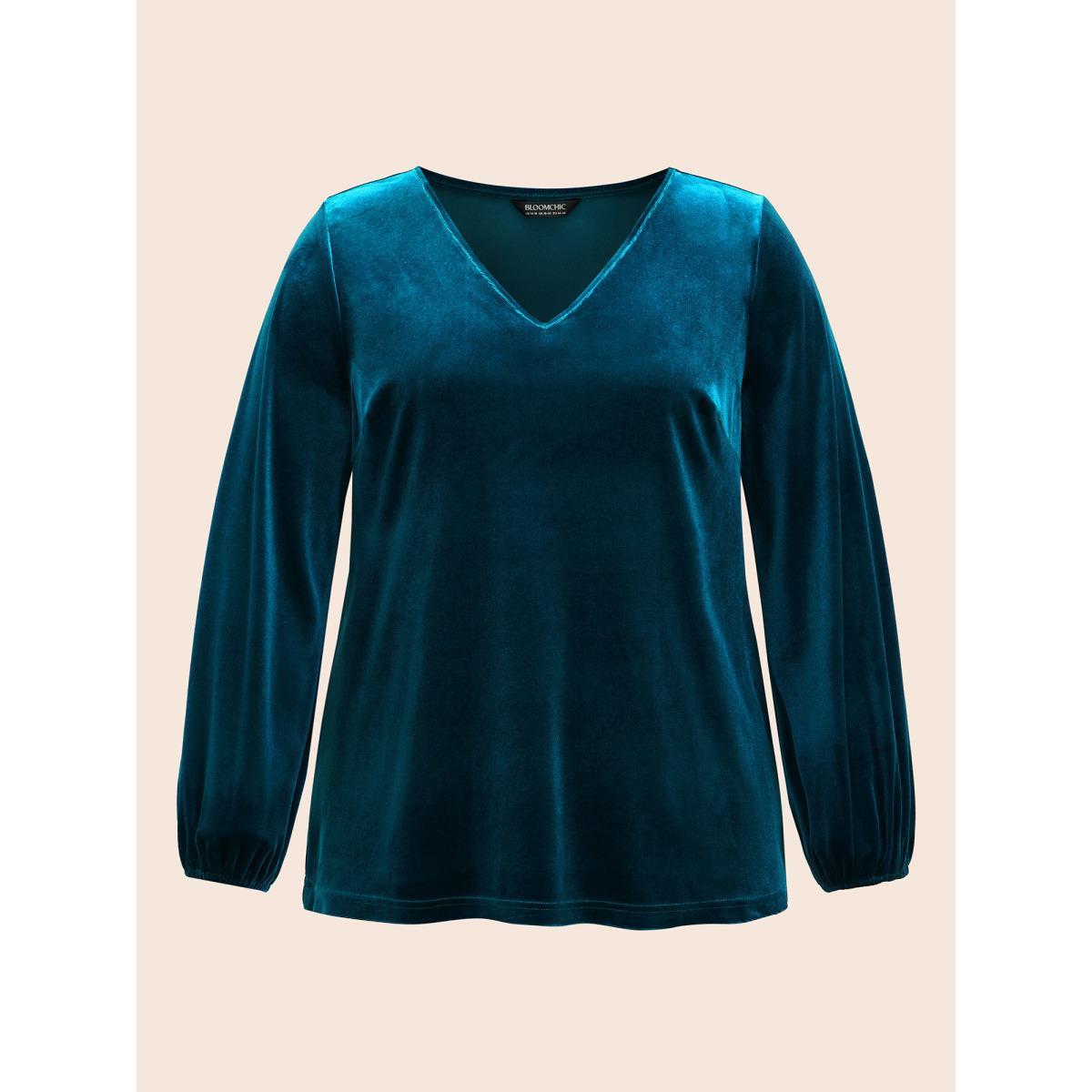 Plus Size Aegean V Neck Velvet Lantern Sleeve Blouse Women Elegant Long Sleeve V-neck Everyday Blouses BloomChic 14-16/1X Product Image