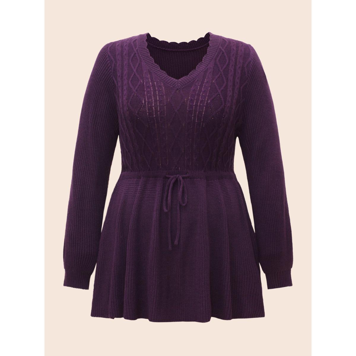 Plus Size V Neck Cable Knit Drawstring Pullover Eggplant Women Casual Long Sleeve V-neck Everyday Pullovers BloomChic 10/M Product Image