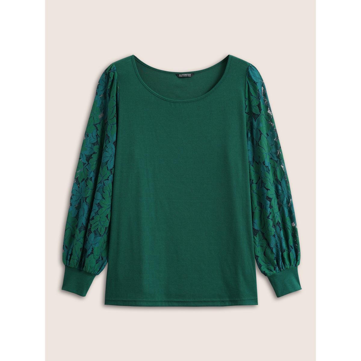 Plus Size Solid Plants Guipure Lace Gathered T-shirt DarkGreen Women Elegant Plain Plain Round Neck Dailywear T-shirts BloomChic 12/L Product Image