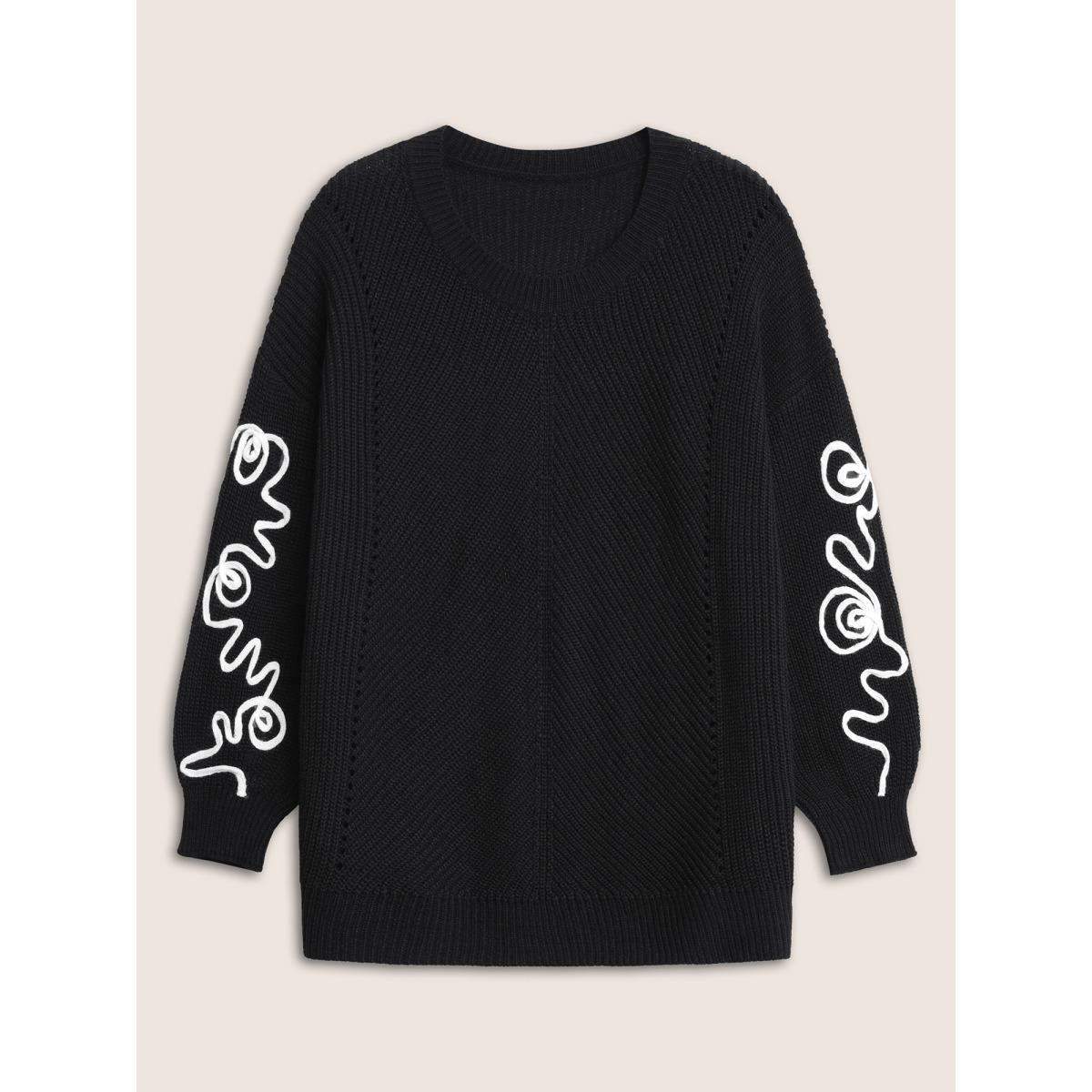 Plus Size Contrast Embroidered Crew Neck Pointelle Pullover Black Women Casual Long Sleeve Round Neck Everyday Pullovers BloomChic 22-24/3X Product Image