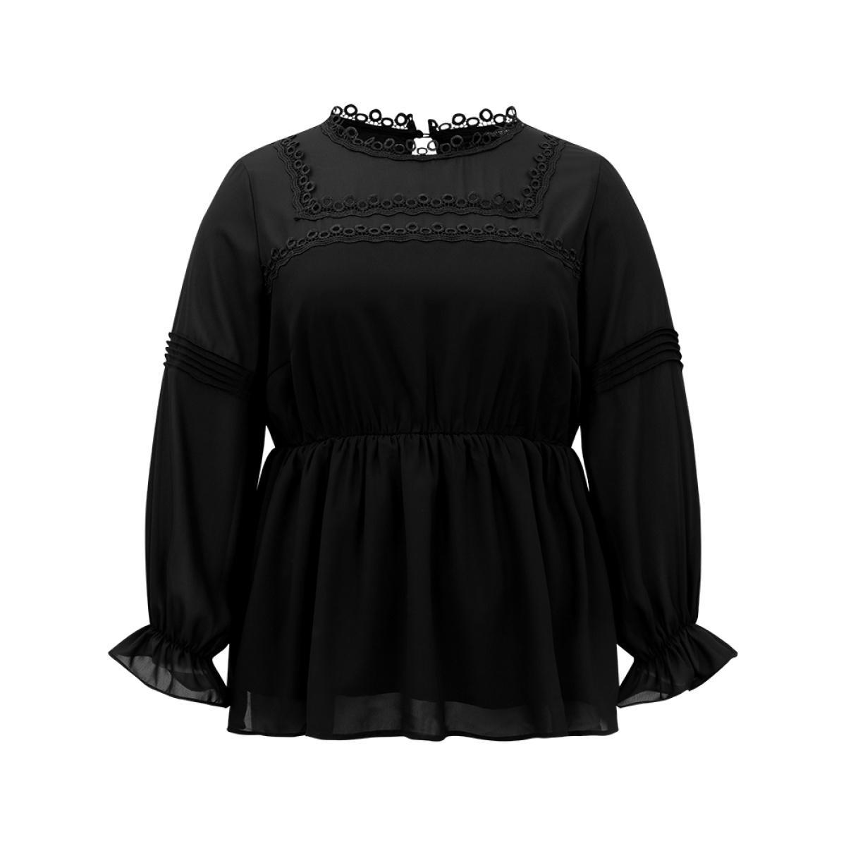Plus Size Black Plain Ruffles Elastic Waist Lace Patchwork Blouse Women Office Long Sleeve Stand-up collar Work Blouses BloomChic 18-20/2X Product Image