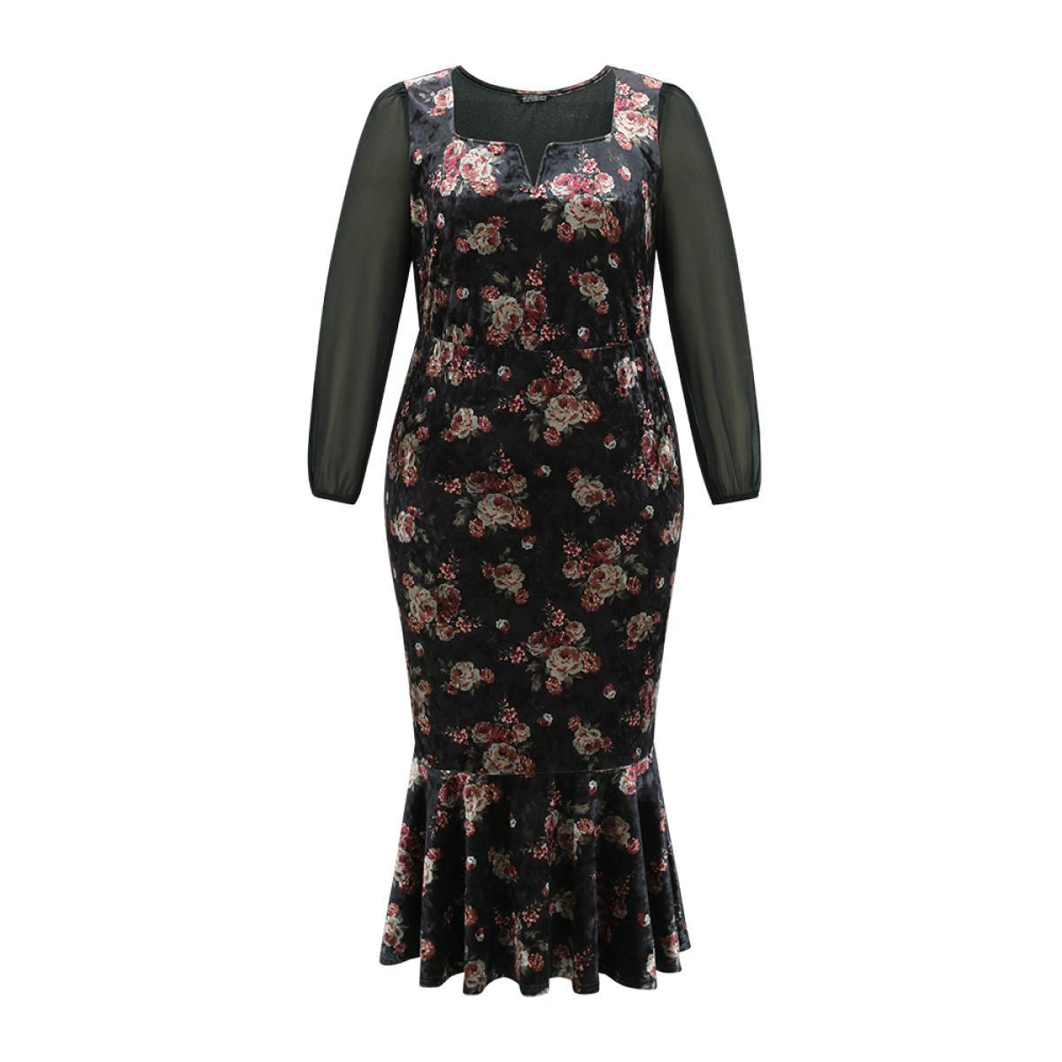 Plus Size Velvet Floral Notched Ruffles Mermaid Hem Dress Black Women Cocktail Velvet Notched collar Long Sleeve Curvy Midi Dress BloomChic 26/4X Product Image