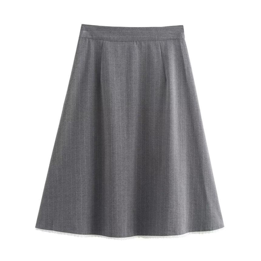 High Waist Pinstriped Pleated Midi A-Line Skirt Product Image