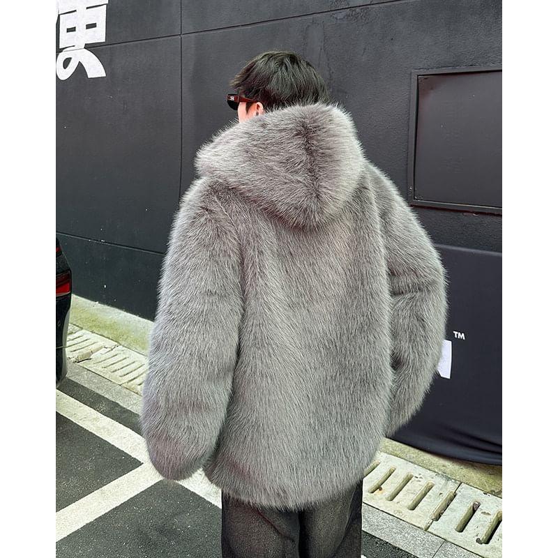 Hooded Plain Faux Fur Zip Coat Product Image