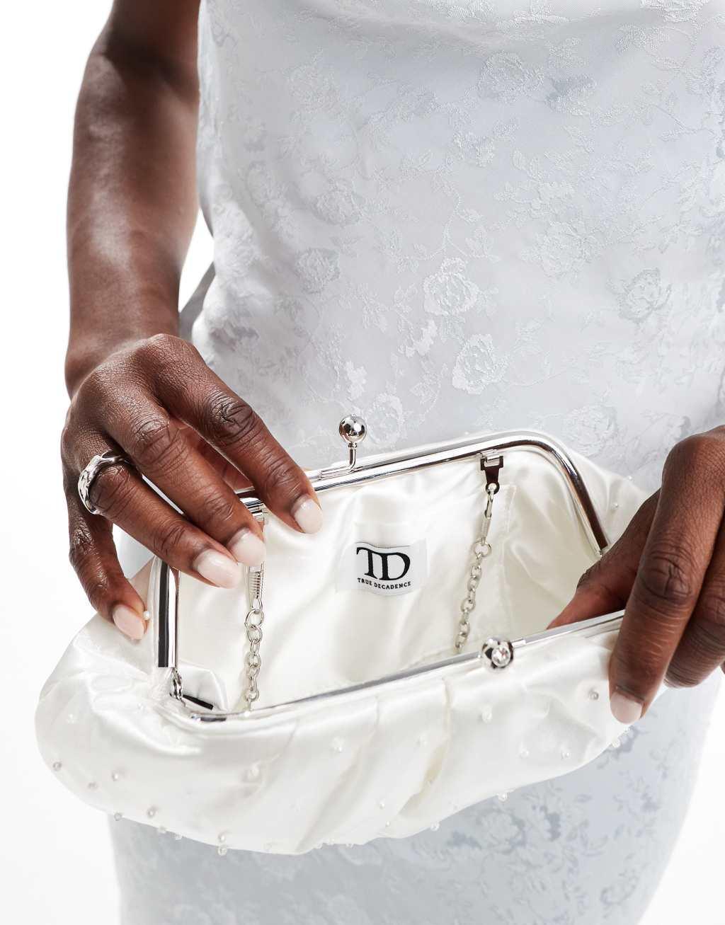 True Decadence long pearl embellished bag in white Product Image