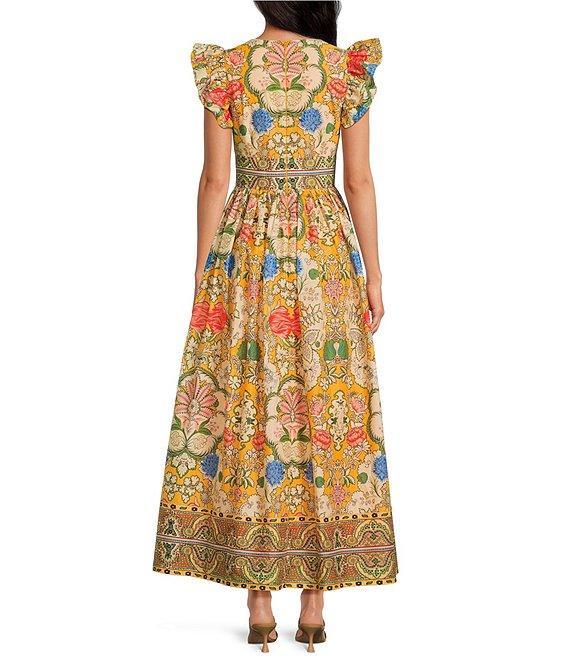 A Loves A Woven Floral Print Tie V-Neck Flutter Cap Sleeve A-Line Flounce Maxi Dress Product Image