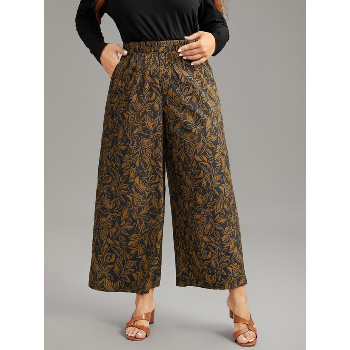 Plus Size Silhouette Floral Print Elastic Waist Wide Leg Pants Women Black Vacation Wide Leg High Rise Dailywear Pants BloomChic 30/6X Product Image