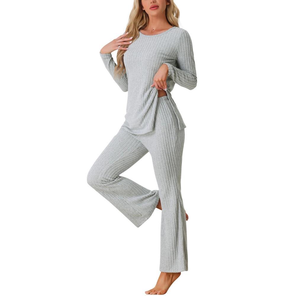 cheibear Women’s Ribbed Knit Long Sleeves Top and Pants Two Piece Pajama Sets Product Image