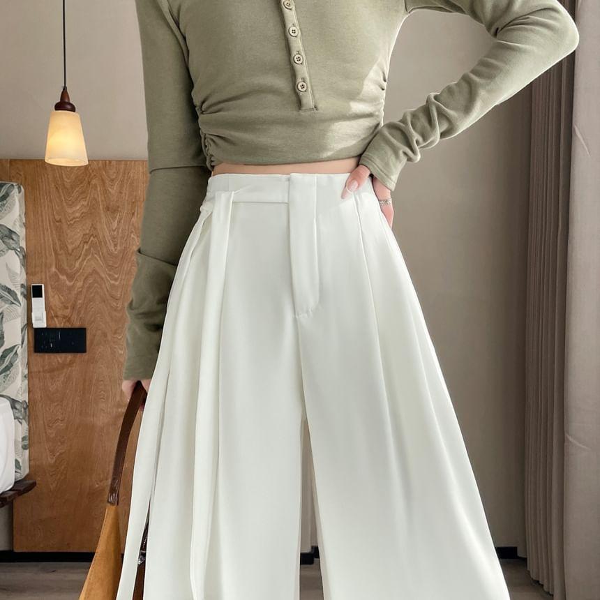 High Rise Asymmetrical Plain Wide Leg Pants (Various Designs) Product Image