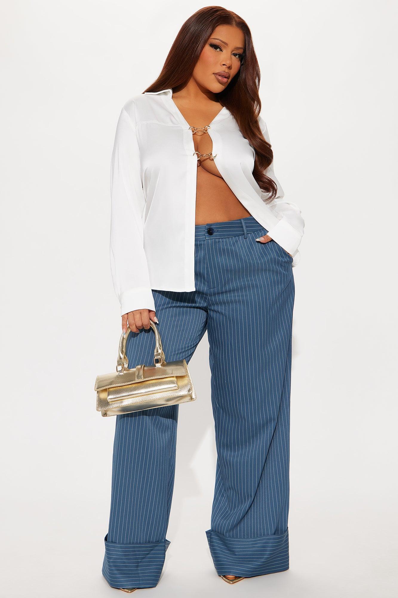 On A Tight Schedule Pinstripe Cuffed Trouser Pant - Blue Product Image