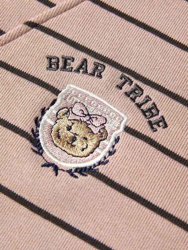 Stripe Print Bear Embroidery Shirt Neck Oversized Hoodie Product Image