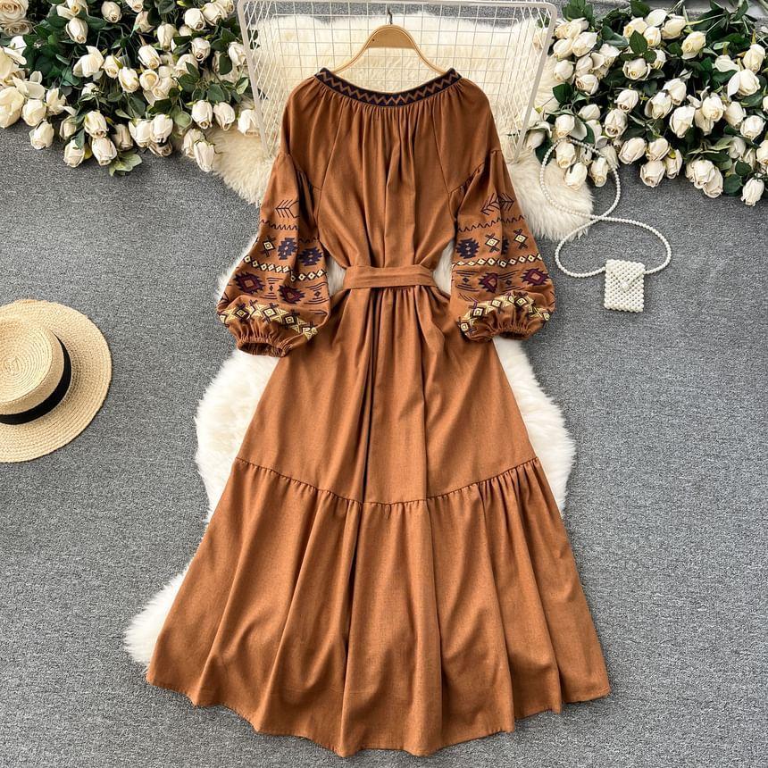 Puff-Sleeve Embroidered Tie Waist Midi A-Line Dress Product Image