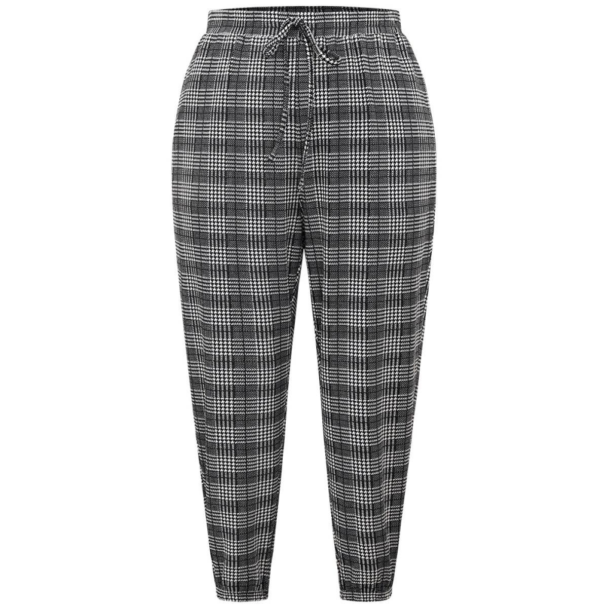 Houndstooth Ties Elastic Waist Sweatpants Black Plus Size Women Casual Dailywear Cross straps 22-24/3X Bloomchic Product Image