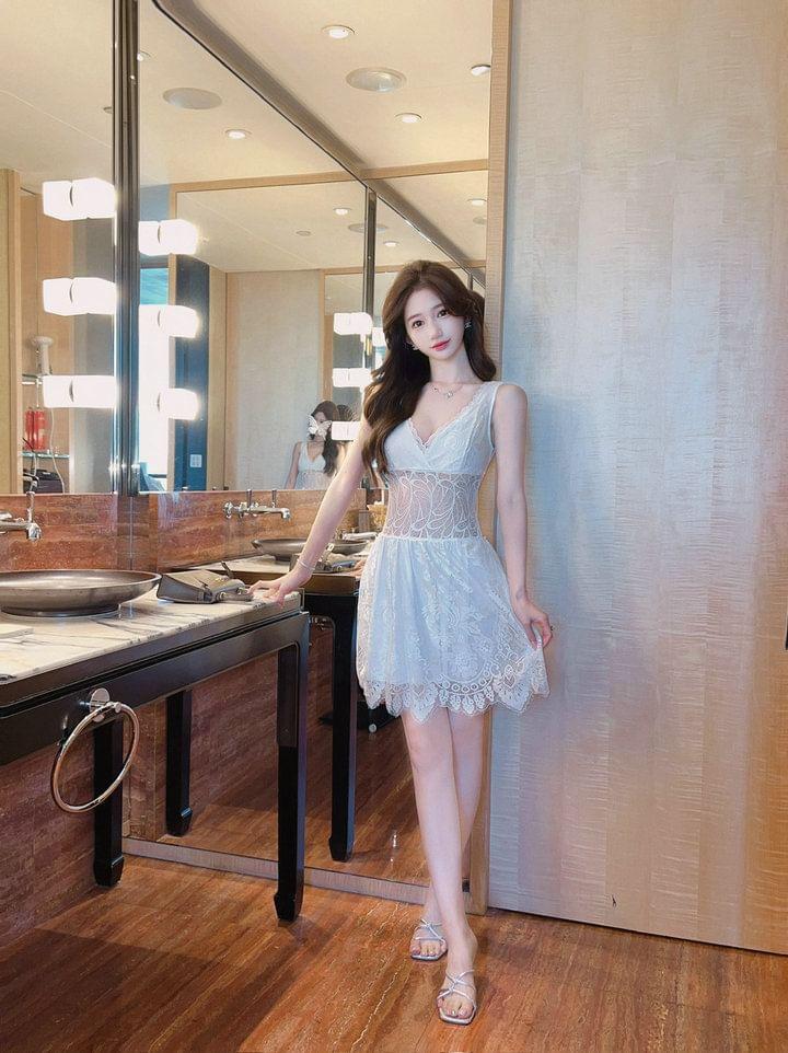 Sleeveless V-Neck Lace Mini A-Line Dress Product Image