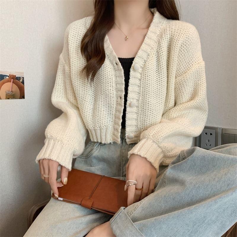 Puff-Sleeve V-Neck Plain Cropped Cardigan Product Image