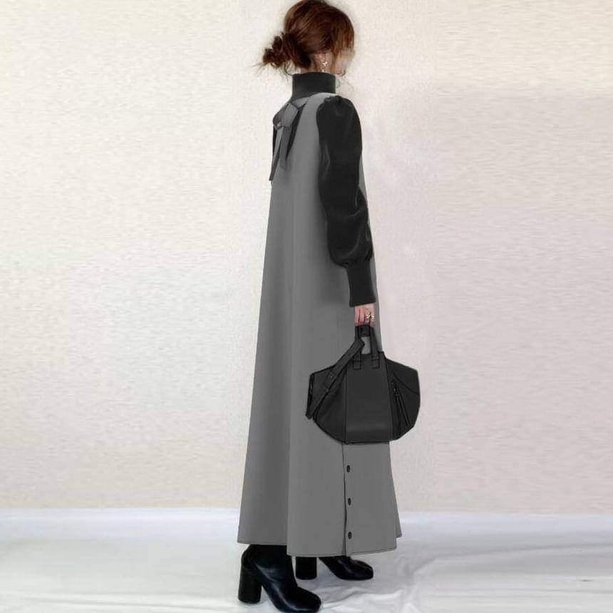 Long Sleeve Turtleneck Two Tone A-Line Maxi Dress Product Image