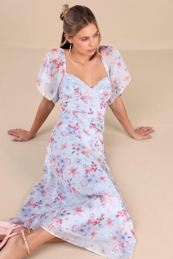 Valla Light Blue Floral Flutter Sleeve Midi Dress Product Image