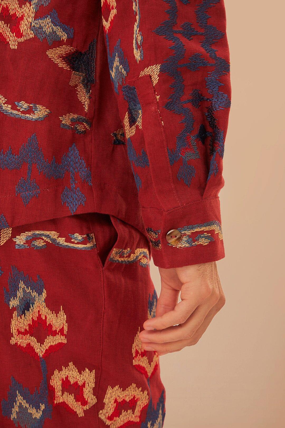 Red Floral Embroidery Jacquard Shirt, BURGUNDY / L Product Image