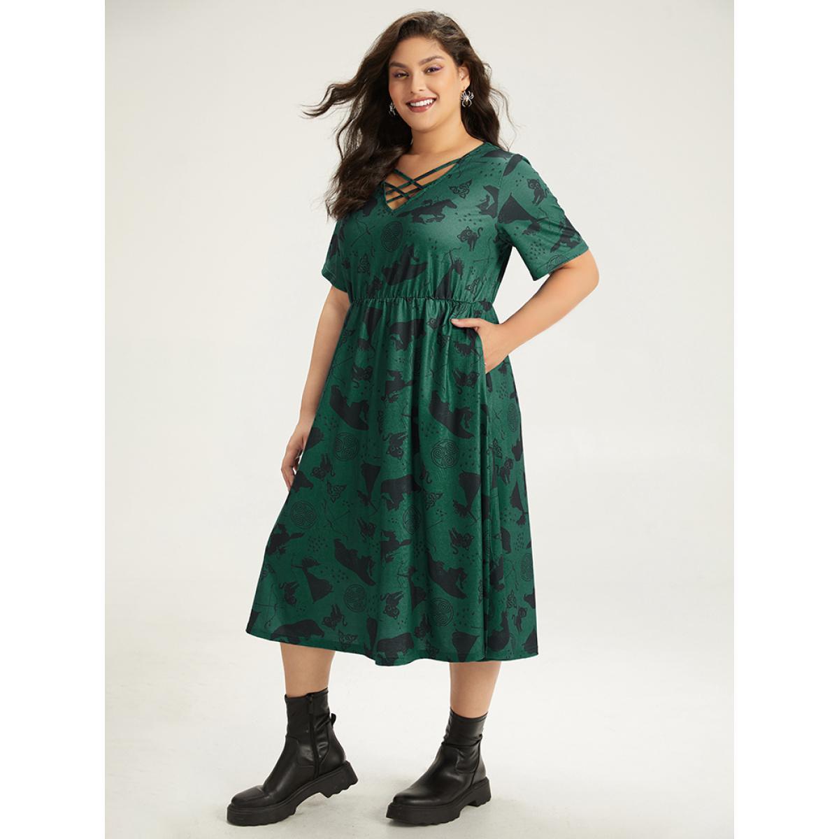 Plus Size Halloween Graphic Crisscross Neck Pocket Flutter Dress DarkGreen Women Casual Gathered V-neck Short sleeve Curvy Midi Dress BloomChic 18-20/2X Product Image