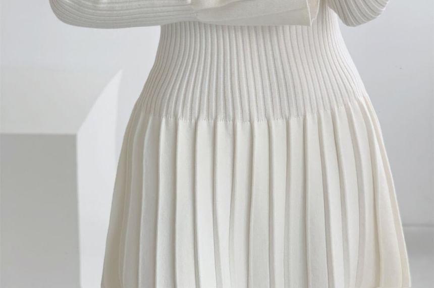 Long-Sleeve Plain Ribbed Keyhole Mini Knit Dress Product Image