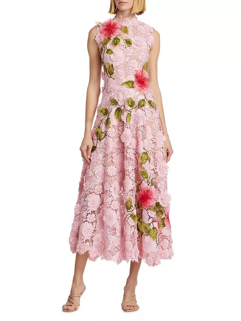 Hibiscus Floral Embroidered Guipure A-Line Midi-Dress Product Image