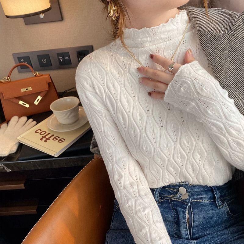 Long-Sleeve Mock Neck Plain Knit Top Product Image