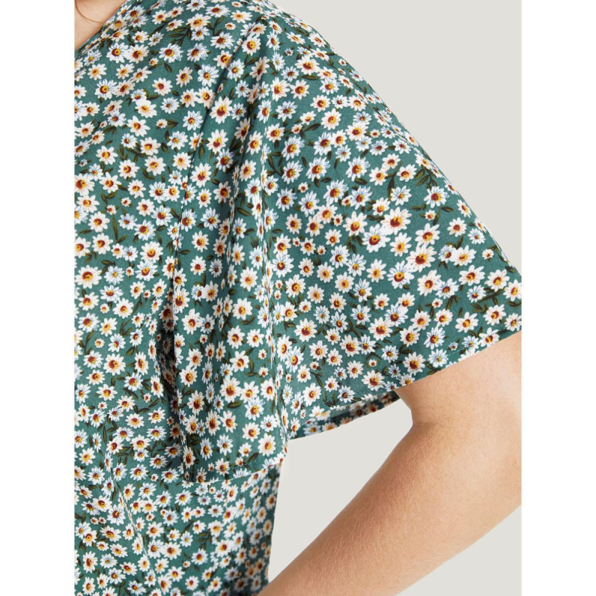 Plus Size Mint Daisy Floral Button Detail Ruffle Sleeve Blouse Women Elegant Short sleeve V-neck Dailywear Blouses BloomChic 18-20/2X Product Image