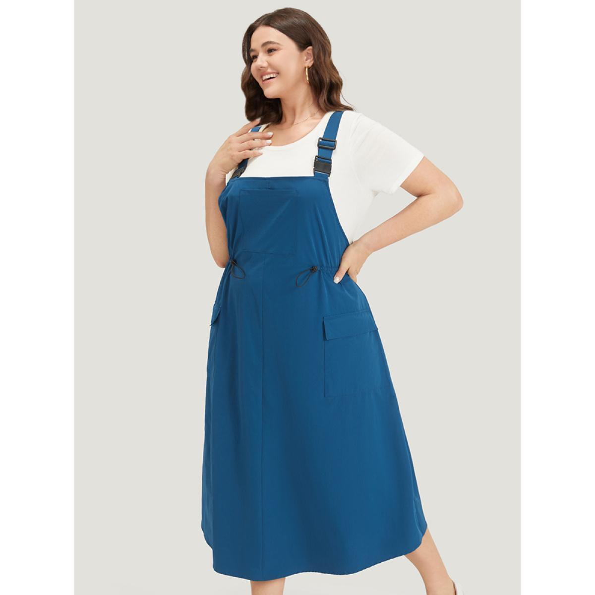Plus Size Solid Drawstring Flap Pocket Overall Cami Dress Aegean Women Casual Adjustable Straps Spaghetti Strap Sleeveless Curvy Midi Dress BloomChic 14-16/1X Product Image
