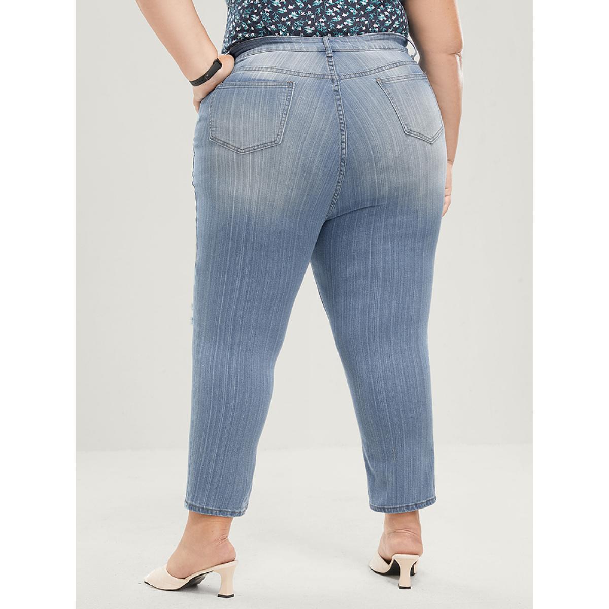 Plus Size Skinny Very Stretchy Mid Rise Light Wash Distressed Jeans Women Blue Casual Plain Distressed High stretch Pocket Jeans BloomChic 22/3X Product Image