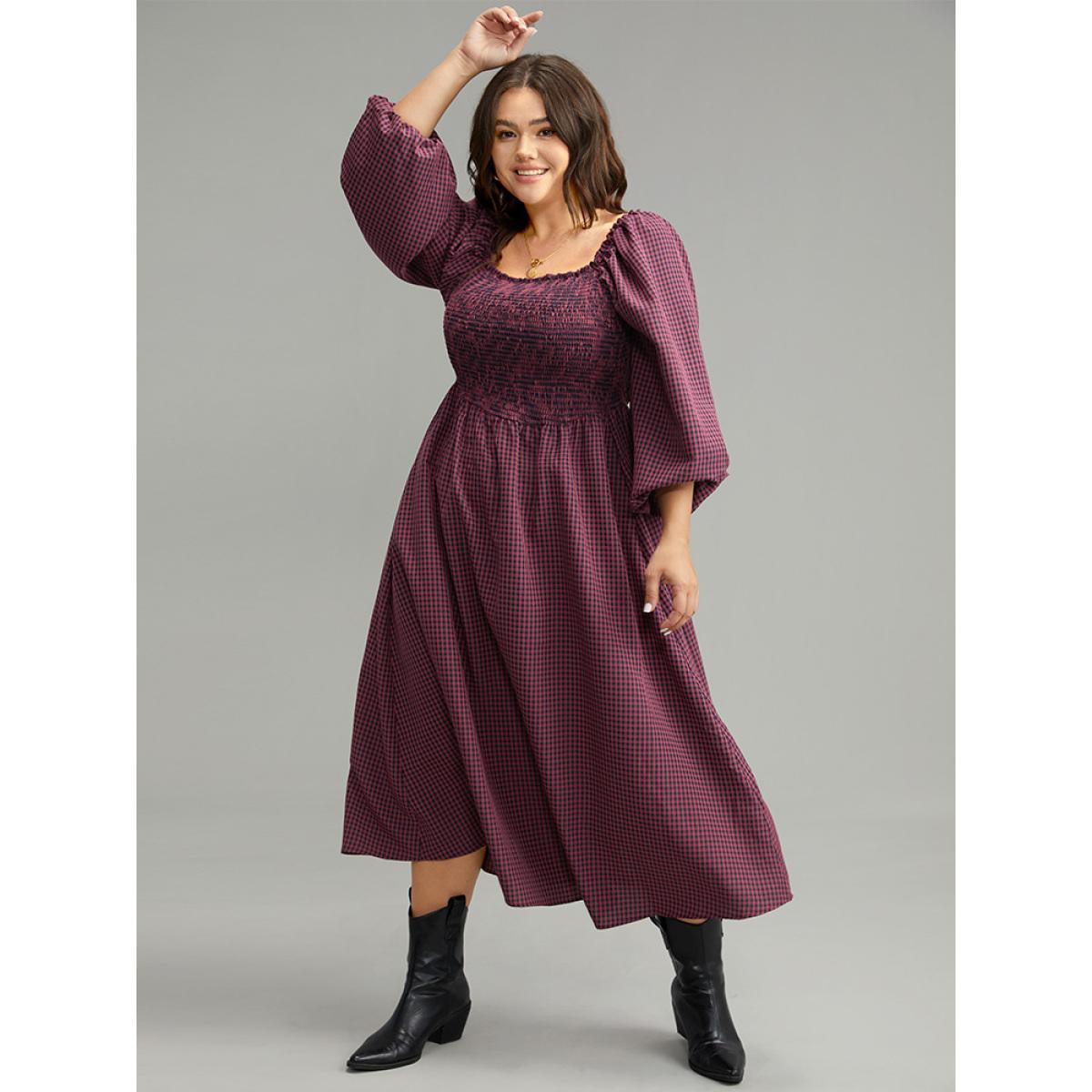 Plus Size Gingham Square Neck Frill Trim Shirred Dress RedViolet Women Casual Elastic cuffs Square Neck Long Sleeve Curvy Midi Dress BloomChic 10/M Product Image
