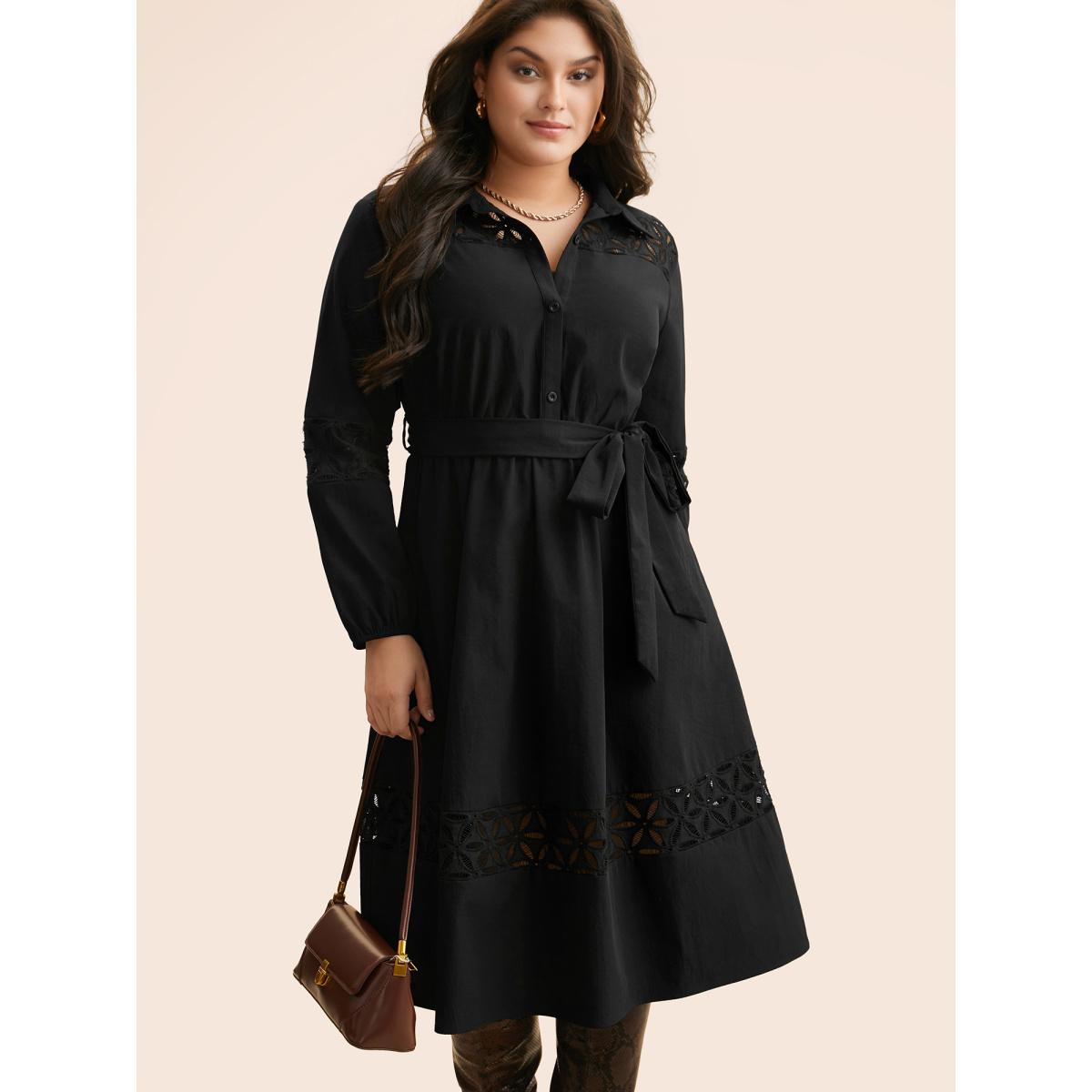 Plus Size Solid Button Up Woven Ribbon Dress Black Women At the Office Woven ribbon&lace trim Shirt collar Long Sleeve Curvy BloomChic 30/6X Product Image