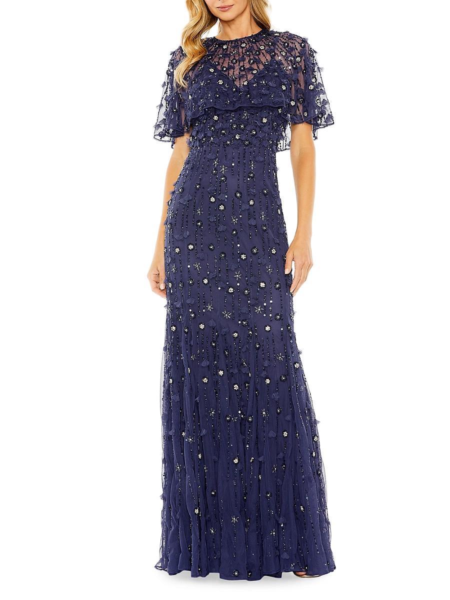 Womens Embellished Illusion Cape-Sleeve Trumpet Gown Product Image